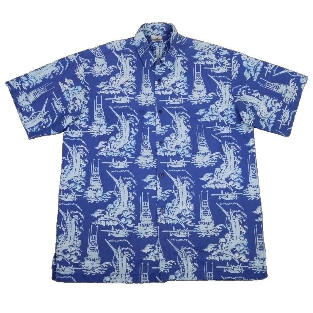 Rum Reggae Hawaiian Shirt Mens L Blue Marlin Offshore Fishing Boat Aloha Camp